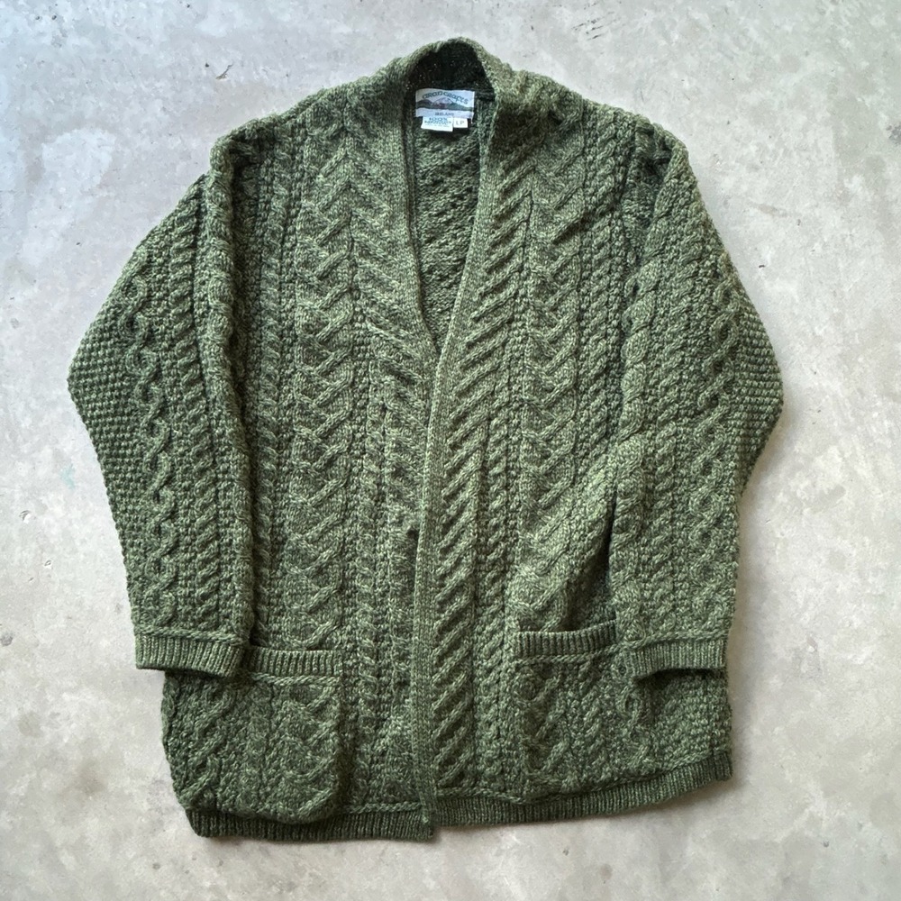 Aran Crafts Ireland Green Merino Wool Cable Knit Cardigan Sweater LP